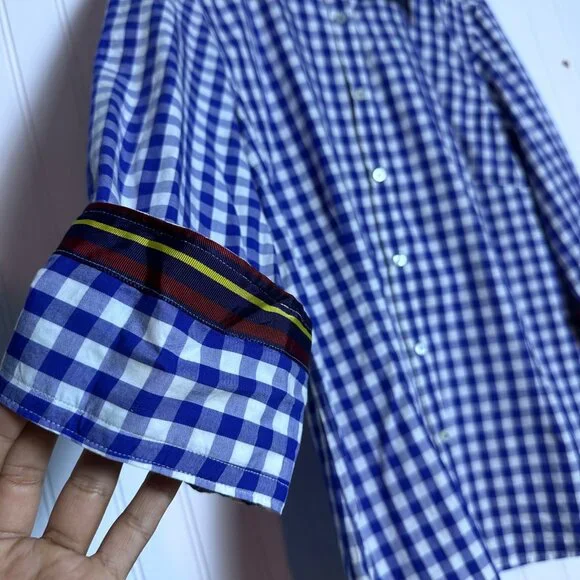 J. McLaughlin Women 12 Check Plaid White Blue Button Down Cotton Casual Shirt - Picture 2 of 8